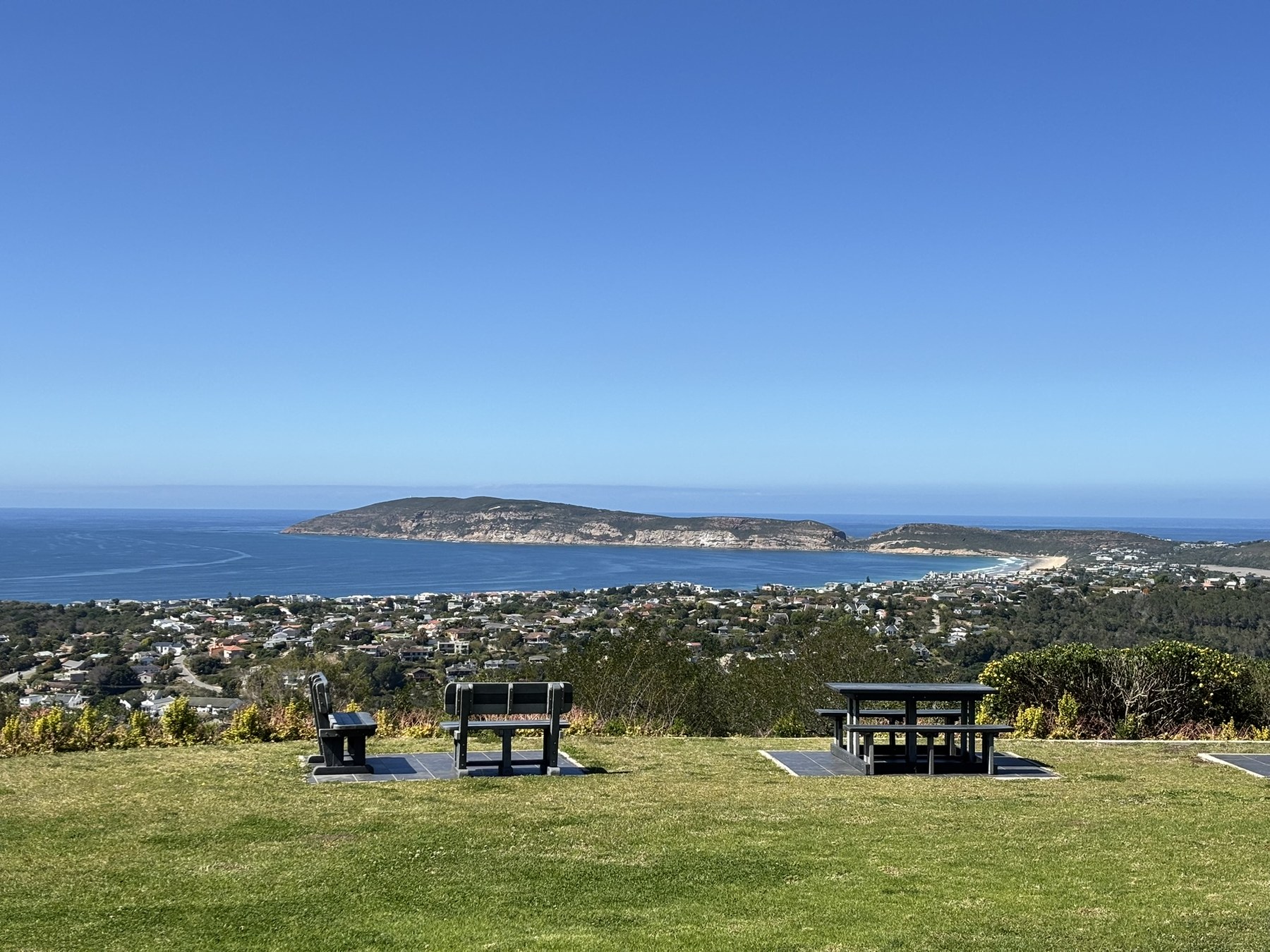 Panoramic view across Plettenberg Bay and Robberg Peninsula